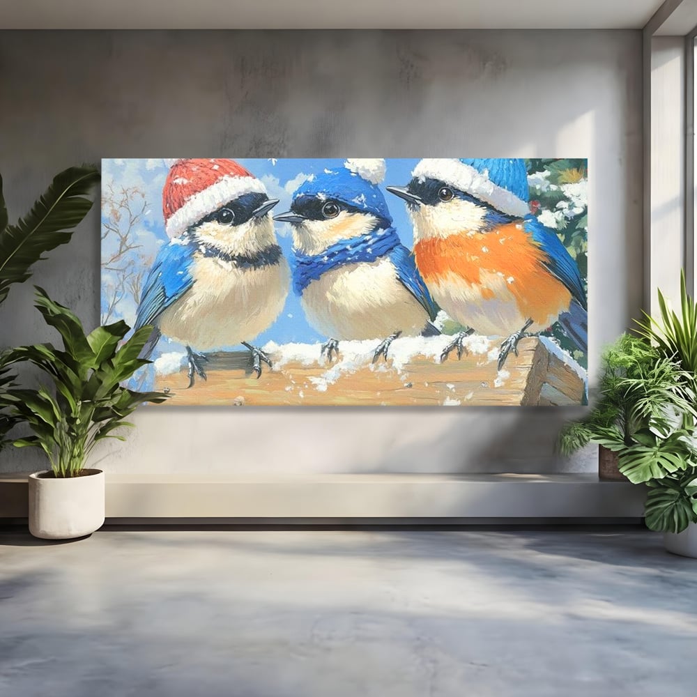 Tablou canvas cu tablou canvas cu trei vrabiute cu caciulite de iarna, fara rama, pe sasiu de lemn